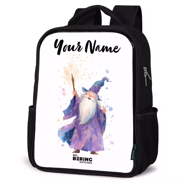 Kids backpack with name - Black - Old magician with staff — 6