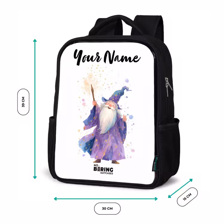 Kids backpack with name - Black - Old magician with staff — 8