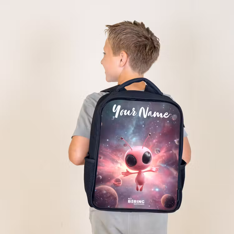 Kids backpack with name - Black - Pink Alien in Star Nebula — 2