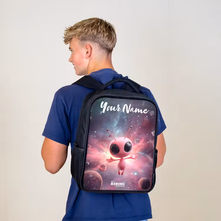 Kids backpack with name - Black - Pink Alien in Star Nebula — 5