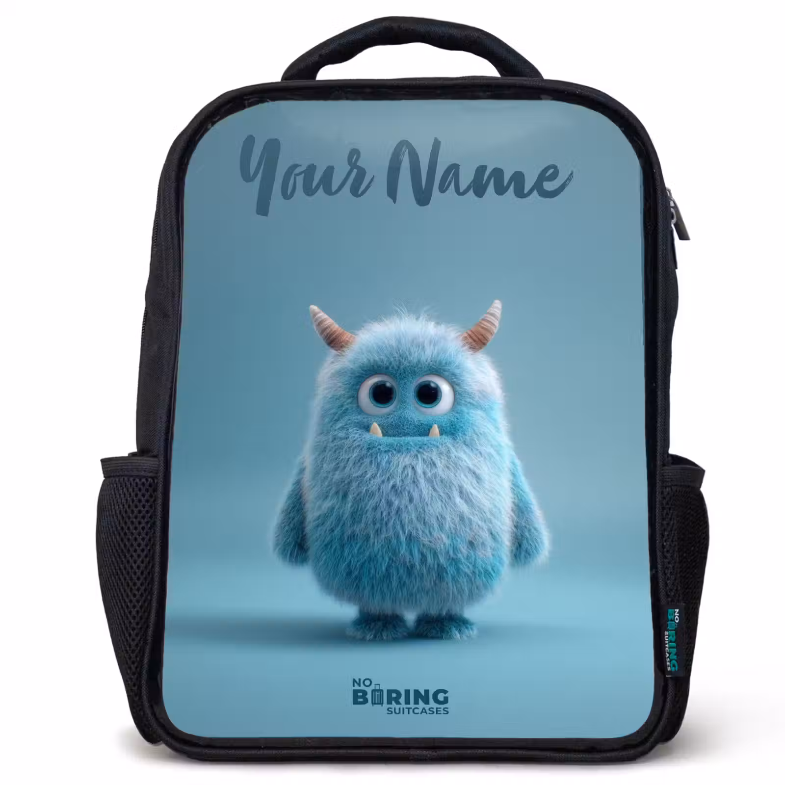 Kids backpack with name - Black - Blue fluffy monster with horns — 1