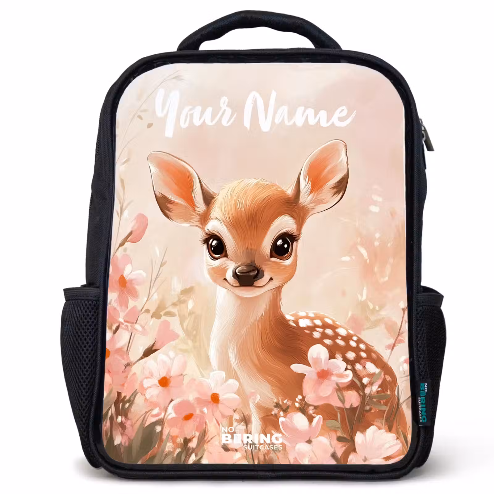 Kids backpack with name - Black - Deer - Flowers - Dots - Pink — 1