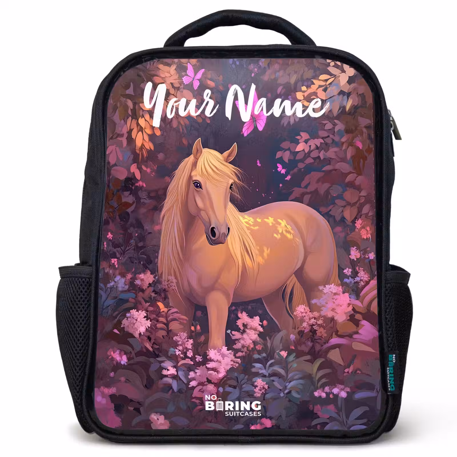 Kids backpack with name - Black - Horse - Flowers - Purple - Butterfly — 1