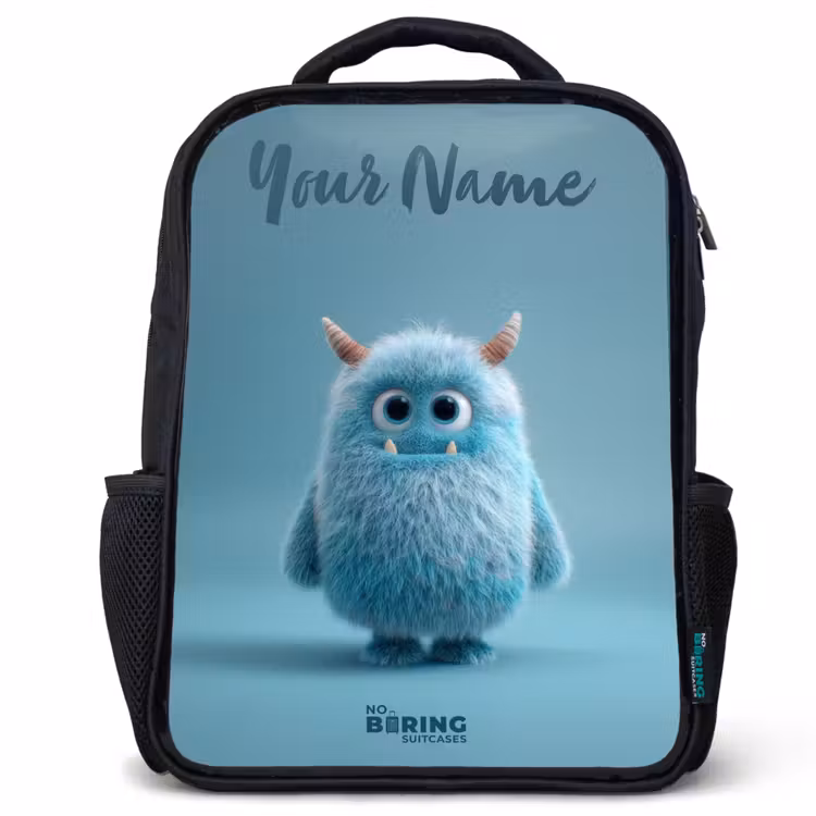 Kids backpack with name - Black - Blue fluffy monster with horns — 1