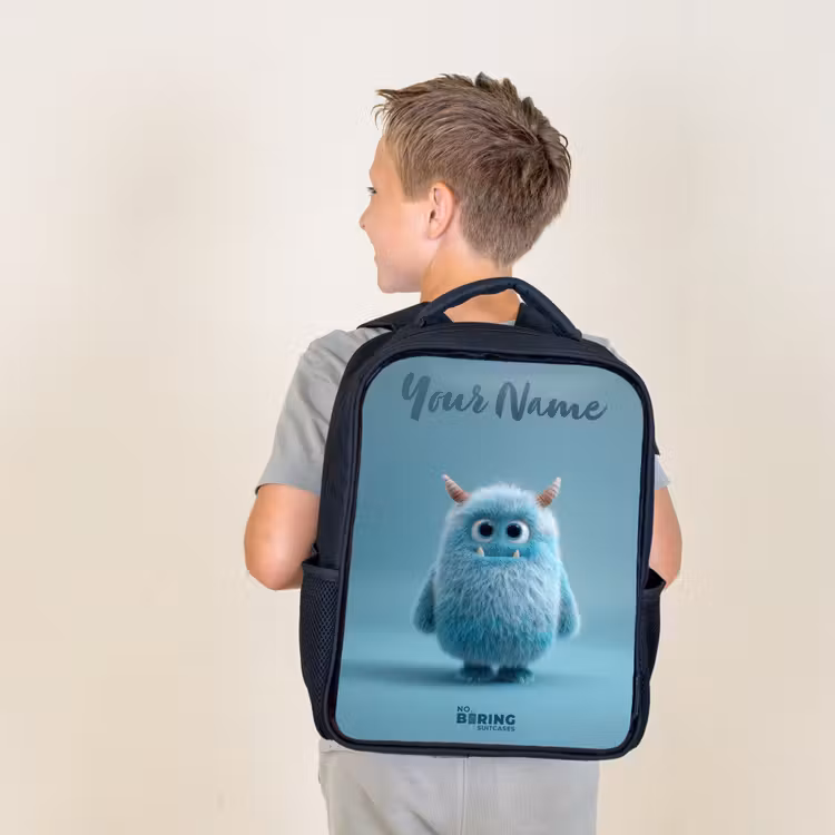 Kids backpack with name - Black - Blue fluffy monster with horns — 2