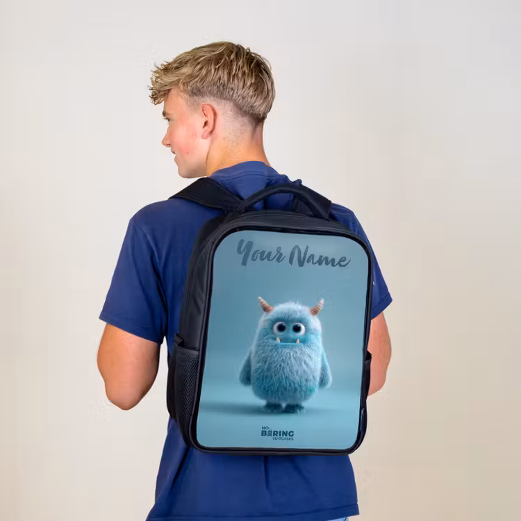 Kids backpack with name - Black - Blue fluffy monster with horns — 5