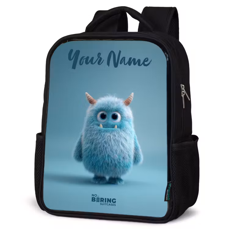 Kids backpack with name - Black - Blue fluffy monster with horns — 6