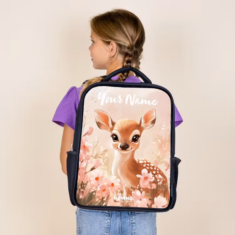 Kids backpack with name - Black - Deer - Flowers - Dots - Pink — 4