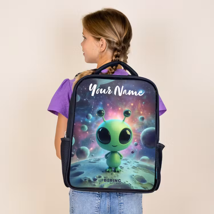 Kids backpack with name - Black - Green alien creature on lunar landscape — 4