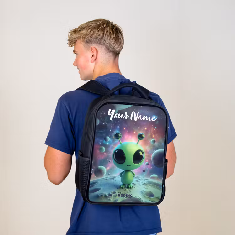 Kids backpack with name - Black - Green alien creature on lunar landscape — 5