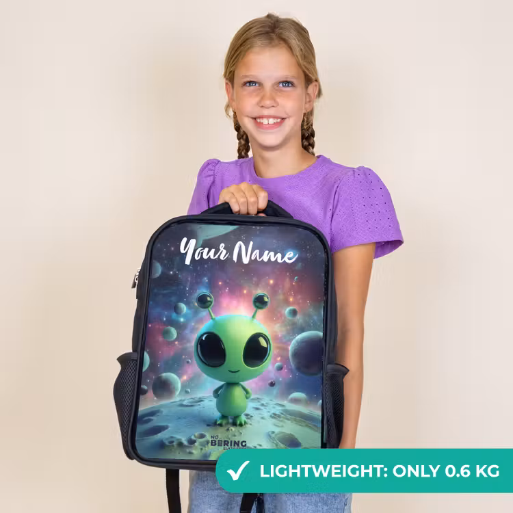 Kids backpack with name - Black - Green alien creature on lunar landscape — 9