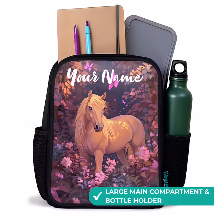 Kids backpack with name - Black - Horse - Flowers - Purple - Butterfly — 10