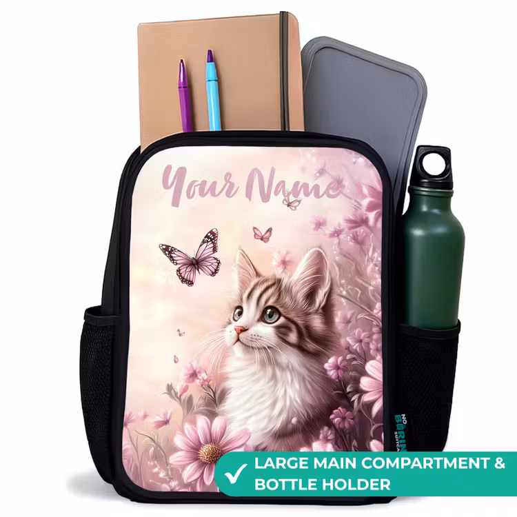 Kids backpack with name - Black - Kitten - Butterflies - Purple - Flowers — 10