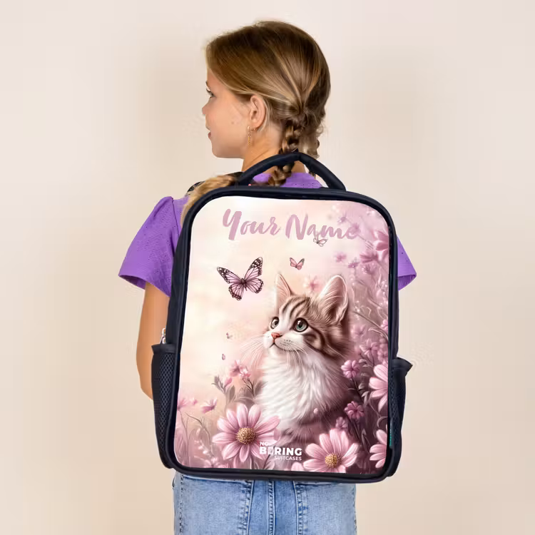 Kids backpack with name - Black - Kitten - Butterflies - Purple - Flowers — 4