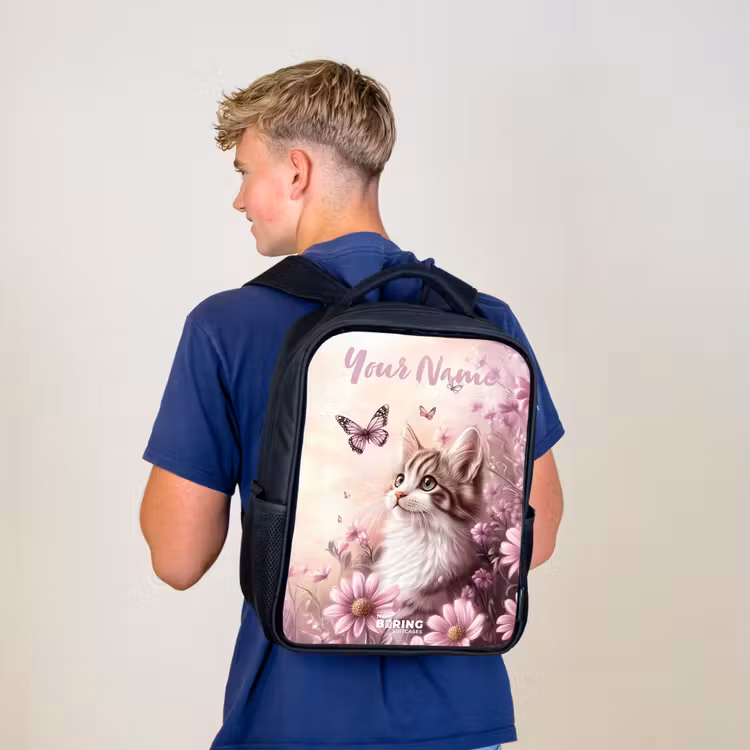 Kids backpack with name - Black - Kitten - Butterflies - Purple - Flowers — 5