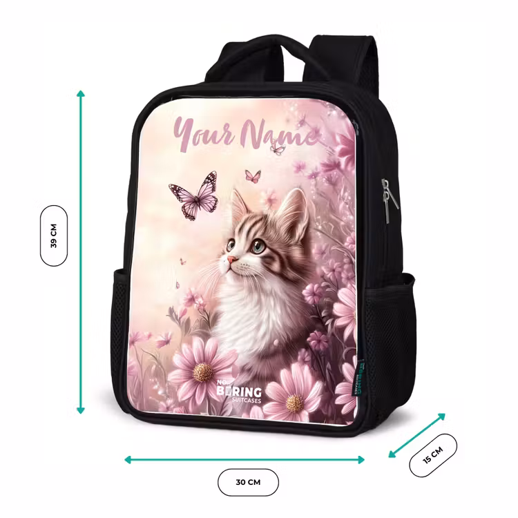 Kids backpack with name - Black - Kitten - Butterflies - Purple - Flowers — 8