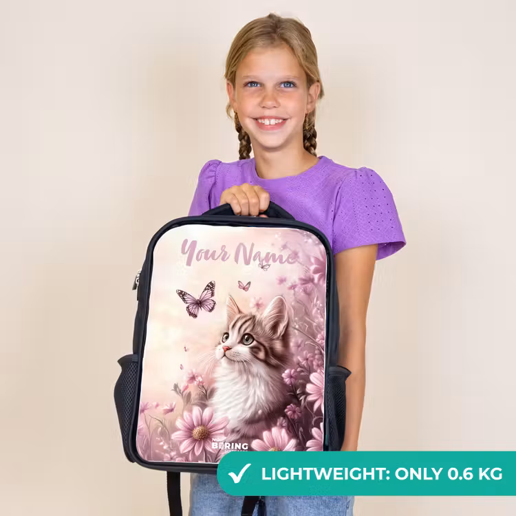 Kids backpack with name - Black - Kitten - Butterflies - Purple - Flowers — 9