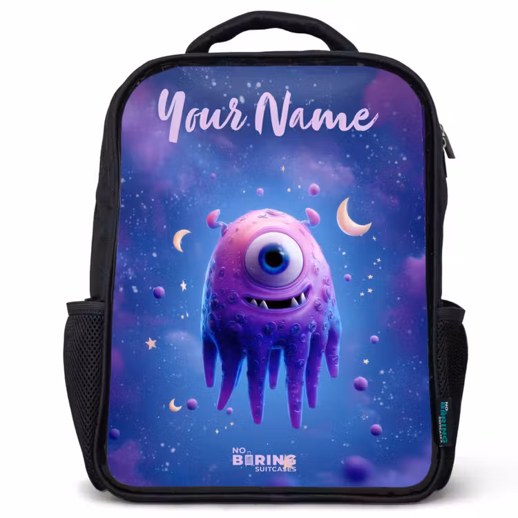 Kids backpack with name - Black - Merry purple eye in space — 1