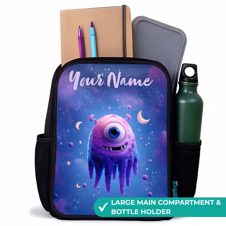 Kids backpack with name - Black - Merry purple eye in space — 10