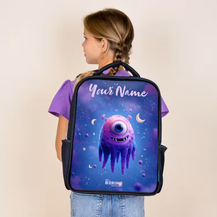 Kids backpack with name - Black - Merry purple eye in space — 4