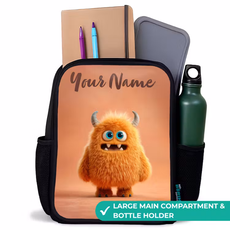 Kids backpack with name - Black - Orange Fluffy Monster with Horns — 10