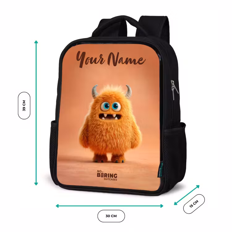 Kids backpack with name - Black - Orange Fluffy Monster with Horns — 8