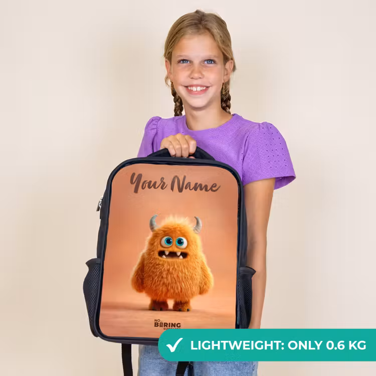 Kids backpack with name - Black - Orange Fluffy Monster with Horns — 9