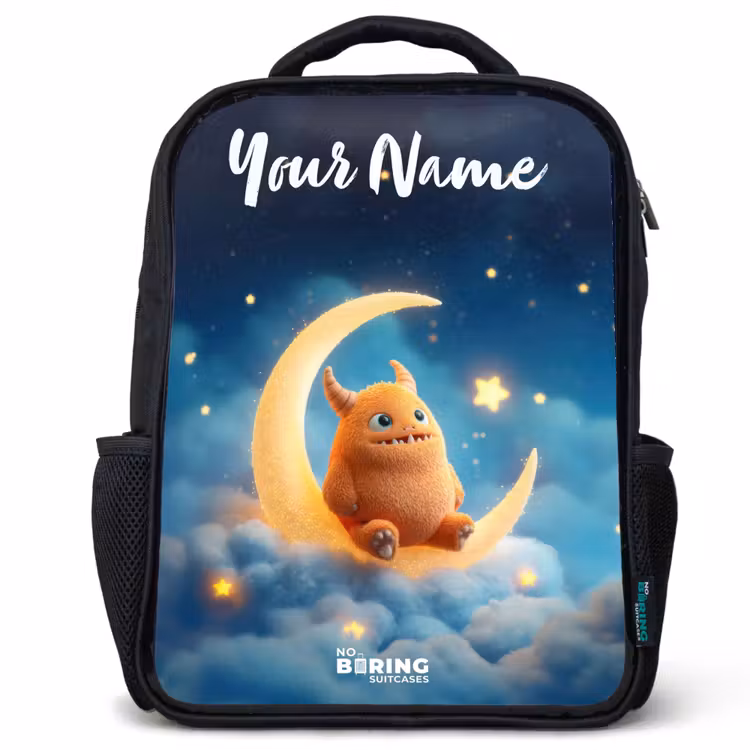 Kids backpack with name - Black - Orange monster on crescent moon — 1