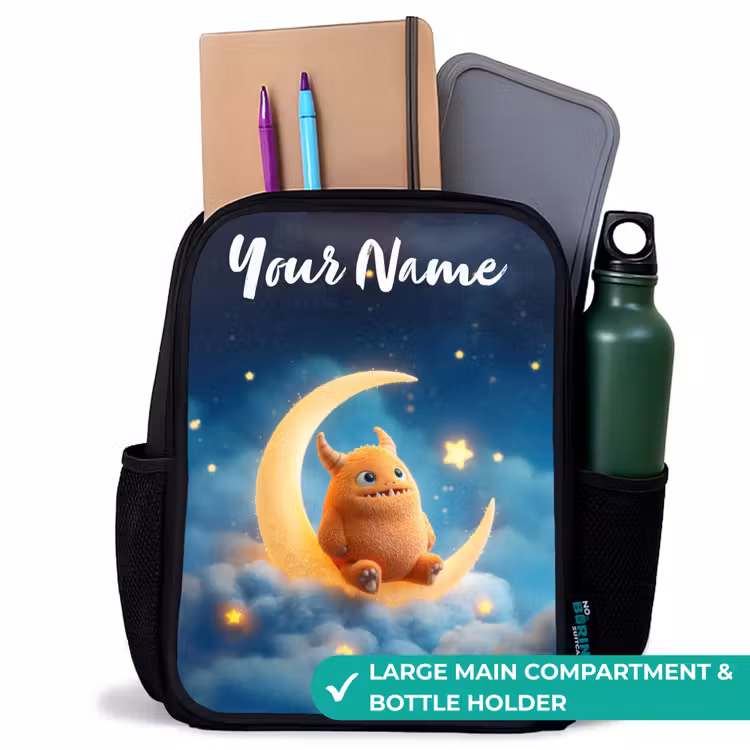 Kids backpack with name - Black - Orange monster on crescent moon — 10