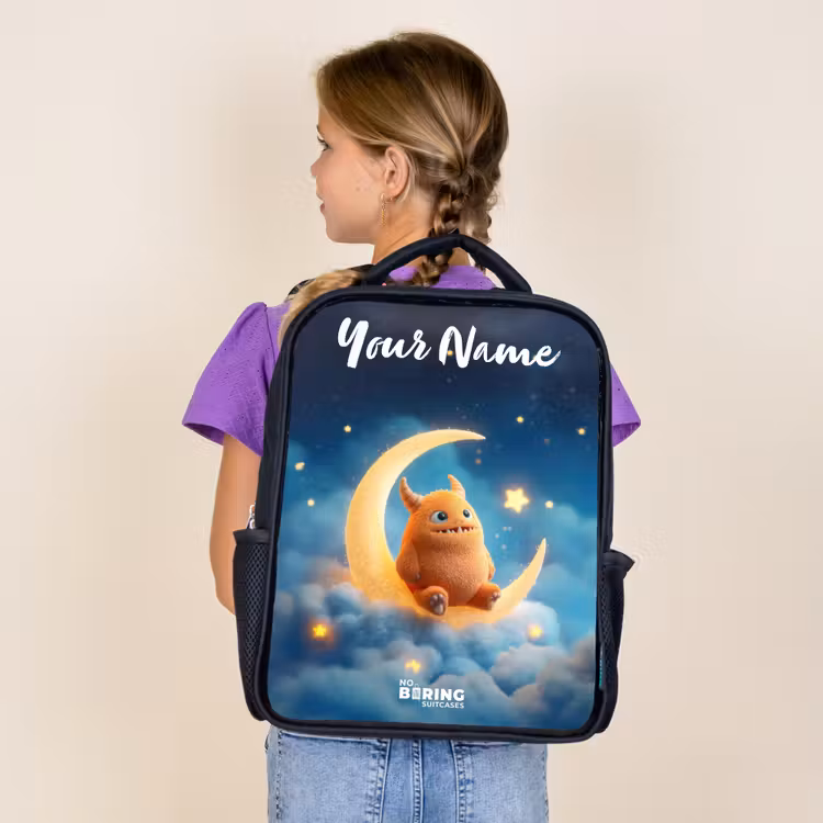 Kids backpack with name - Black - Orange monster on crescent moon — 4