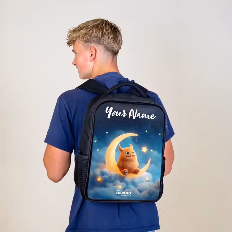 Kids backpack with name - Black - Orange monster on crescent moon — 5