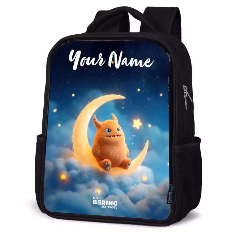 Kids backpack with name - Black - Orange monster on crescent moon — 6