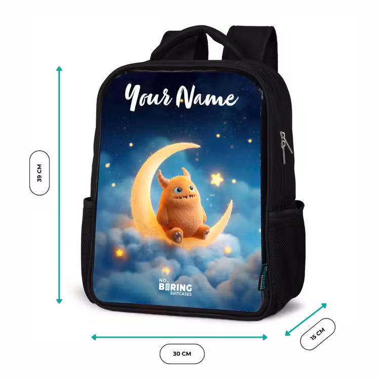 Kids backpack with name - Black - Orange monster on crescent moon — 8