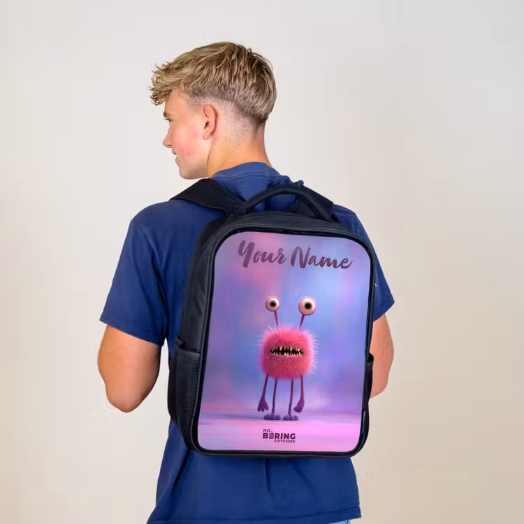 Kids backpack with name - Black - Pink furry monster with big eyes — 5