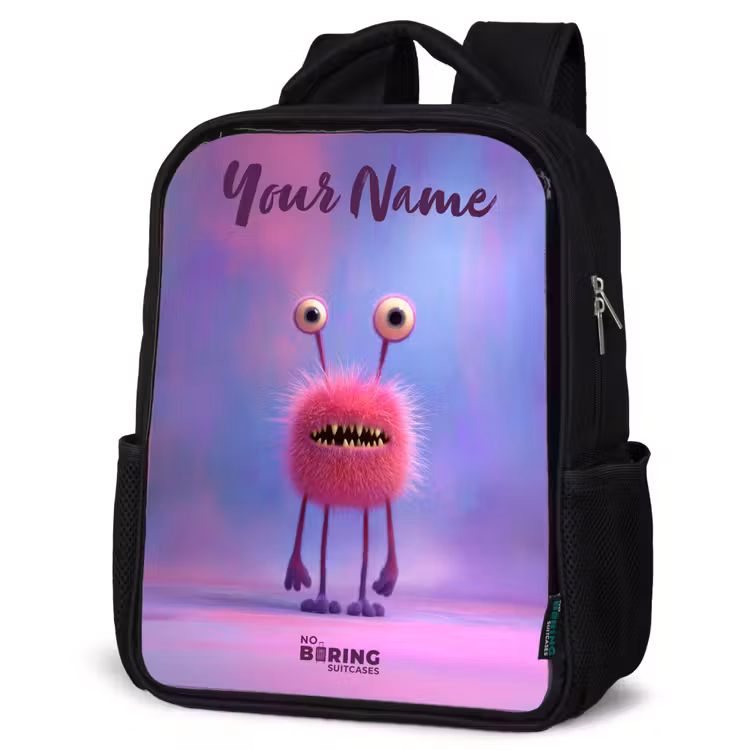 Kids backpack with name - Black - Pink furry monster with big eyes — 6