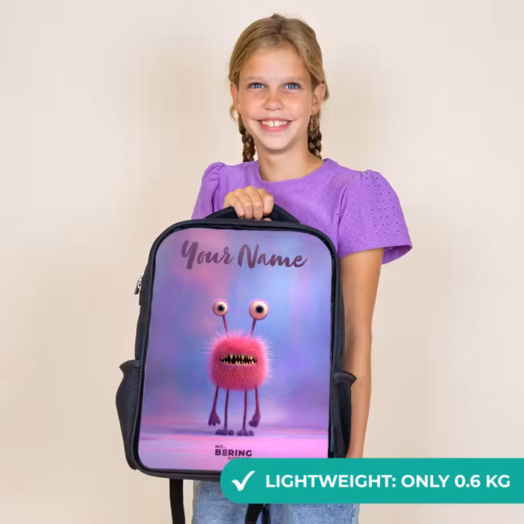 Kids backpack with name - Black - Pink furry monster with big eyes — 9