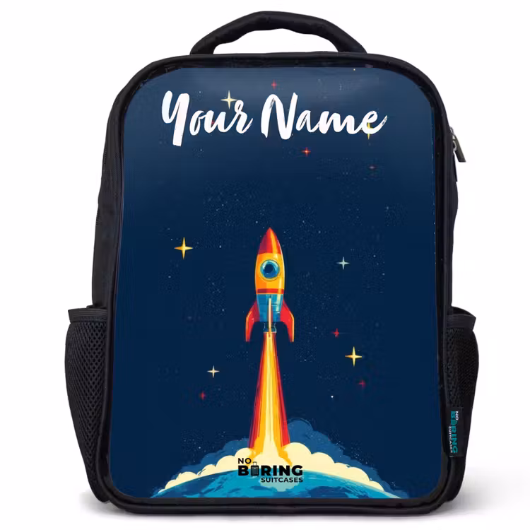 Kids backpack with name - Black - Planet - Rocket - Stars - Dark blue — 1
