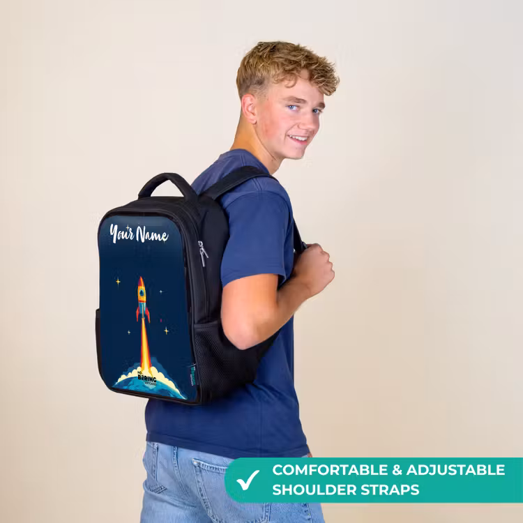 Kids backpack with name - Black - Planet - Rocket - Stars - Dark blue — 11