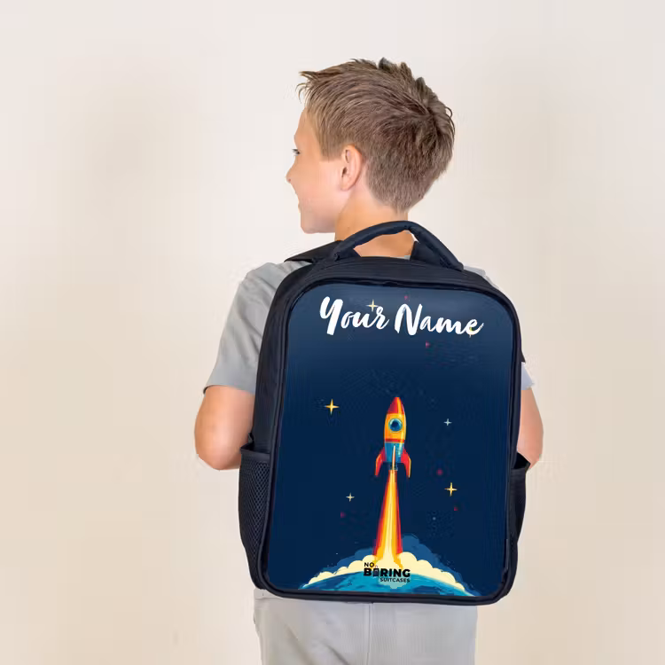 Kids backpack with name - Black - Planet - Rocket - Stars - Dark blue — 2