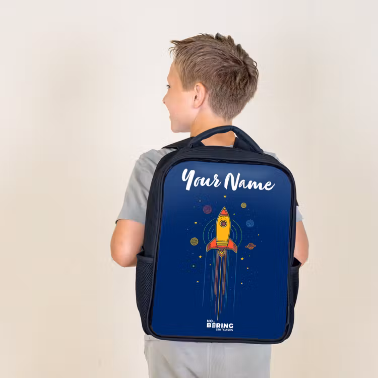 Kids backpack with name - Black - Rocket - Planets - Stars — 2