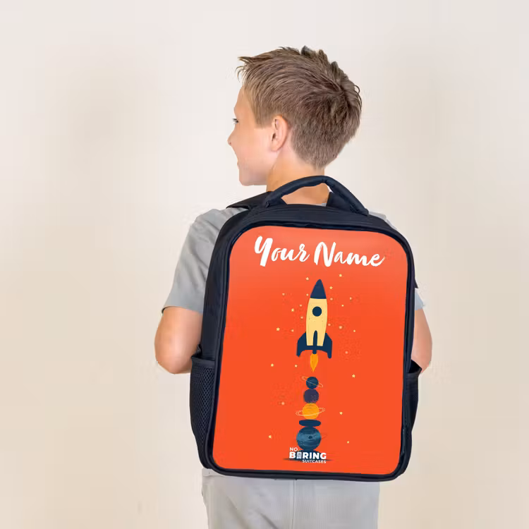 Kids backpack with name - Black - Rocket - Stars - Planets — 2