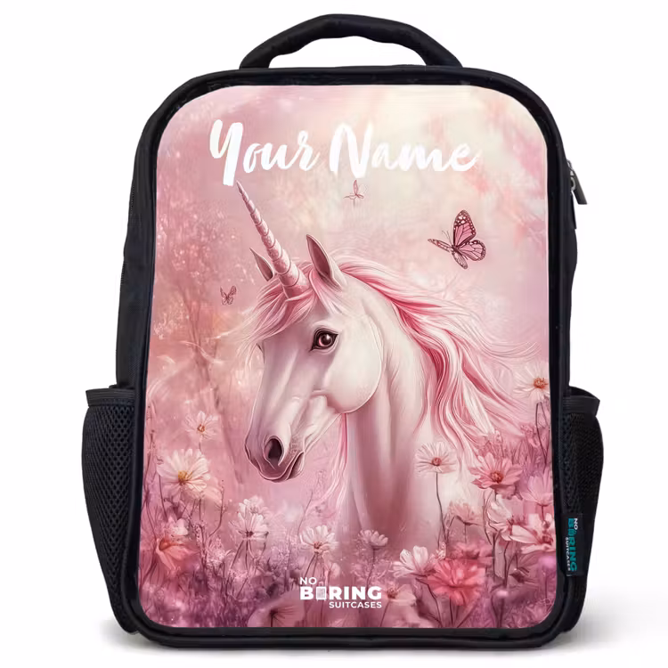 Kids backpack with name - Black - Unicorn - Pink - Butterfly - Flowers — 1