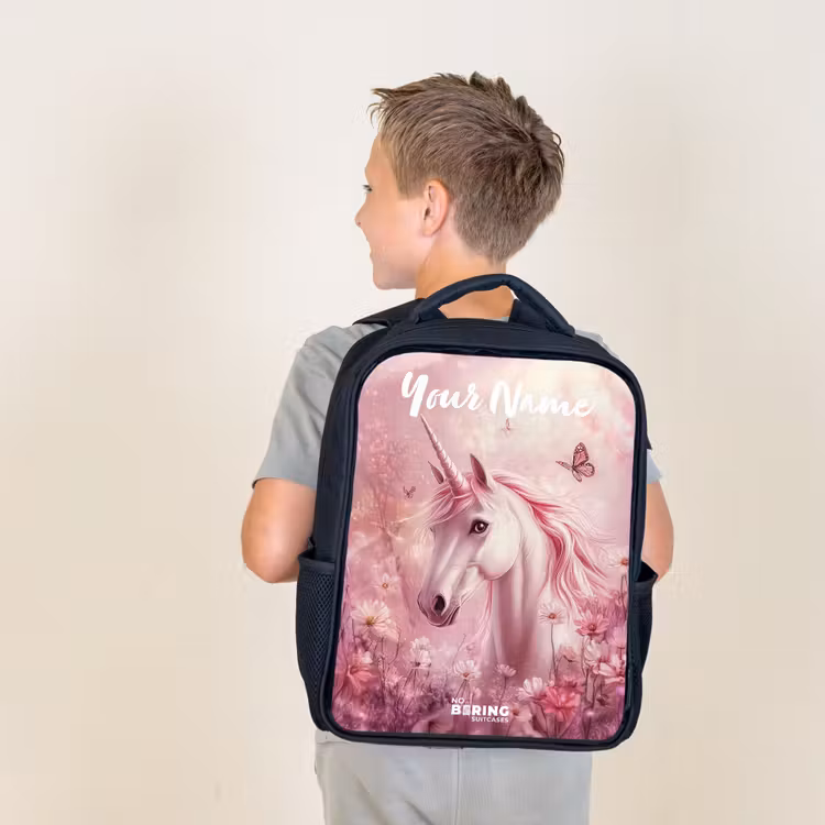 Kids backpack with name - Black - Unicorn - Pink - Butterfly - Flowers — 2