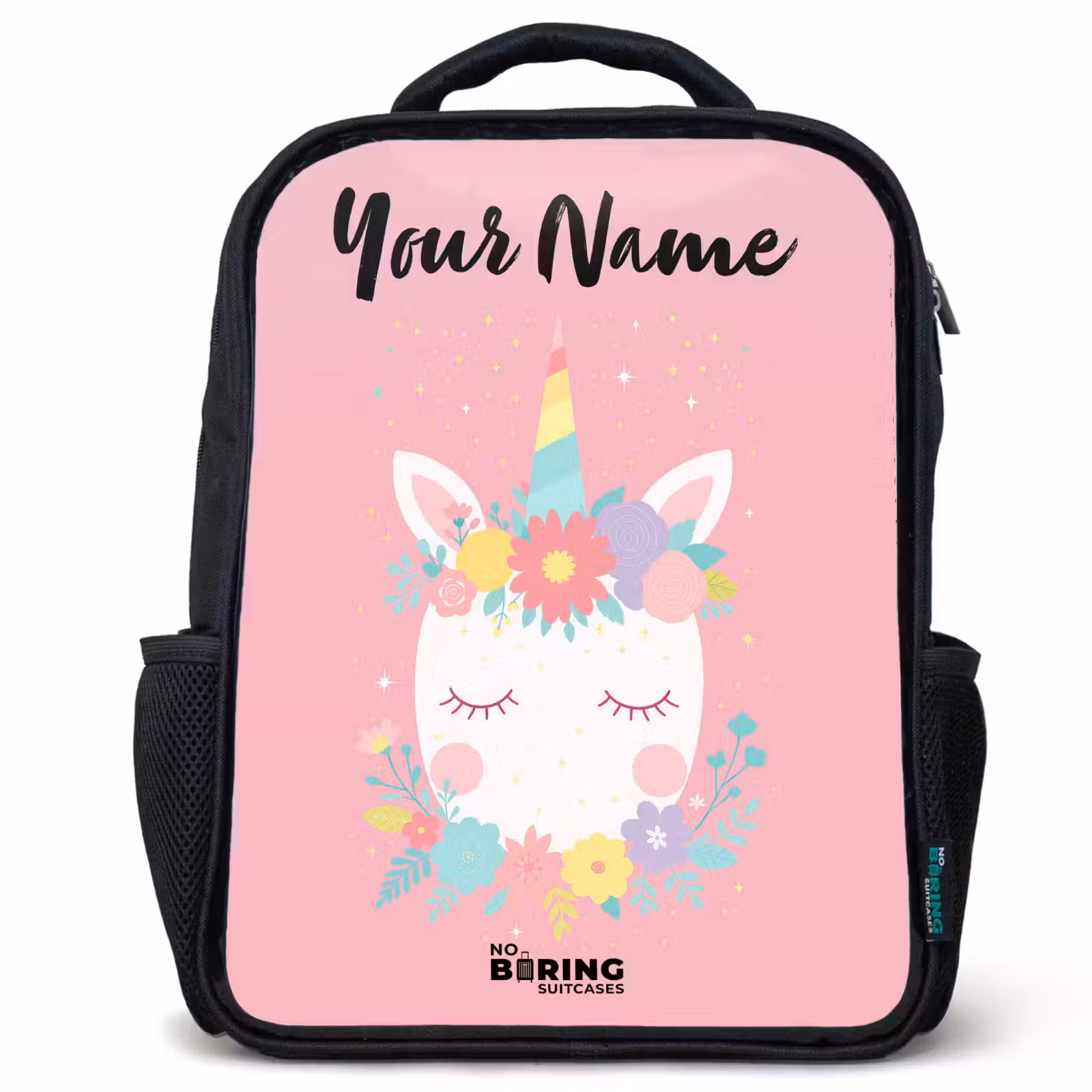 Kids backpack with name - Black - Unicorn - Flowers - Pink — 1