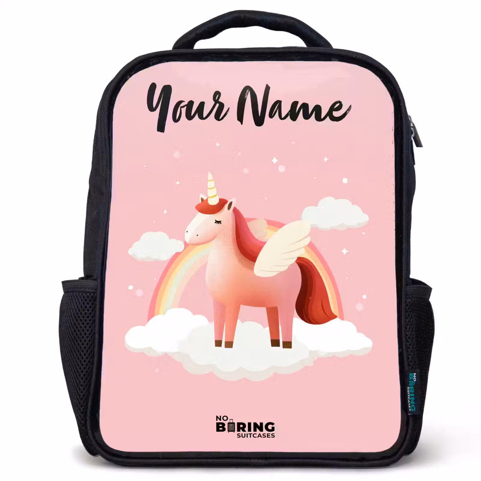 Kids backpack with name - Black - Unicorn - Wings - Pink - Rainbow — 1