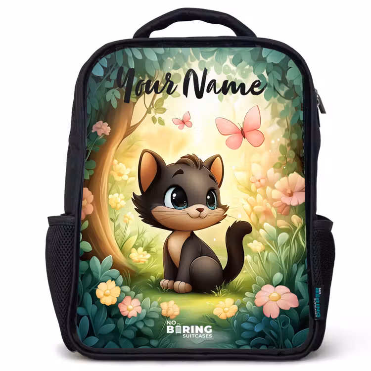 Kids backpack with name - Black - Cat - Butterfly - Flowers — 1