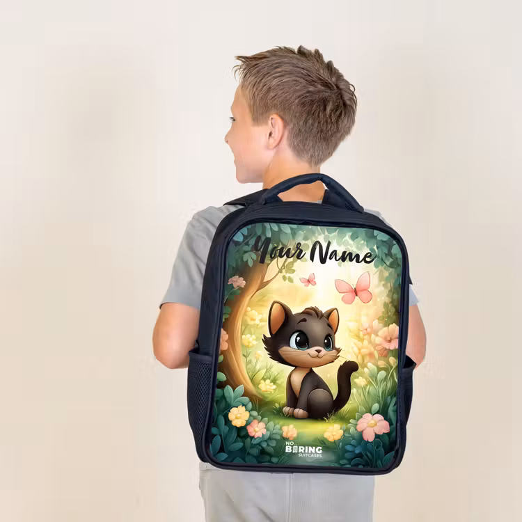 Kids backpack with name - Black - Cat - Butterfly - Flowers — 2