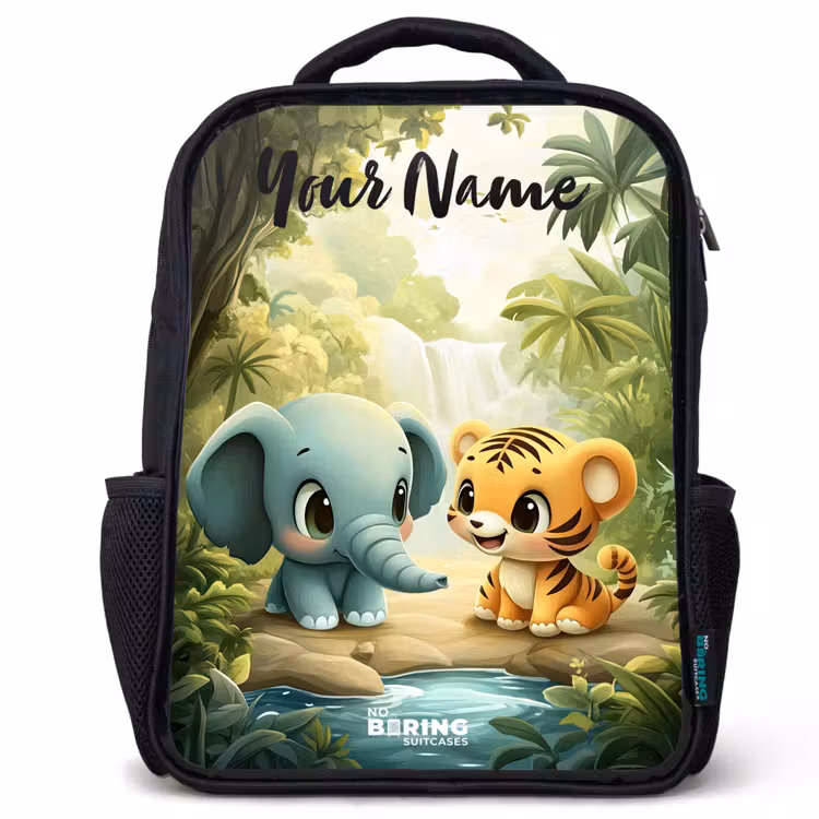 Kids backpack with name - Black - Elephant - Tiger - Forest - Jungle — 1