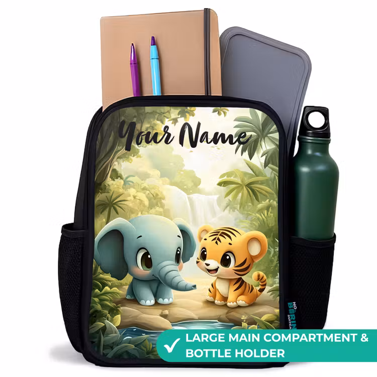 Kids backpack with name - Black - Elephant - Tiger - Forest - Jungle — 10