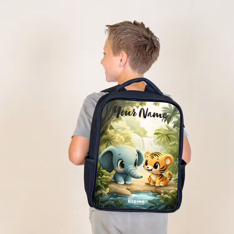 Kids backpack with name - Black - Elephant - Tiger - Forest - Jungle — 2